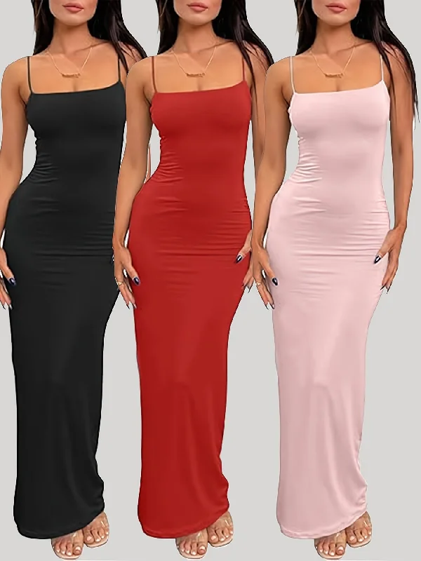 Stylish Women's Clothing Elegant Style IKEARLAX 3-Pack Chic Solid Cami Maxi Dresses - Sexy Square Neck, Backless, Sleeveless - Versatile Womens Clothing for Casual to Formal Wear - Comfortable, Flowy, Adjustable Straps - Value Set