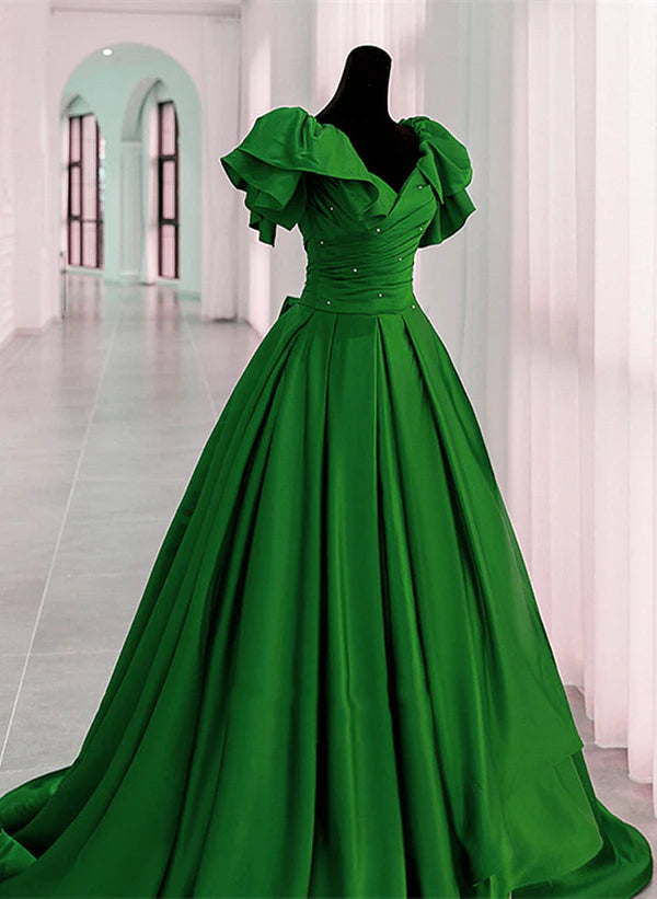 Plus-Size Women's Garments Stylish Statements Green Satin Off Shoulder Long Party Dress A-line Green Prom Dress Ballgown