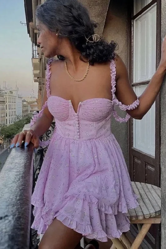 Women's High-Fashion Outfit Big Discounts Swingy Bustier Layered Ruffle Floral Printed Mini Sundress - Lilac