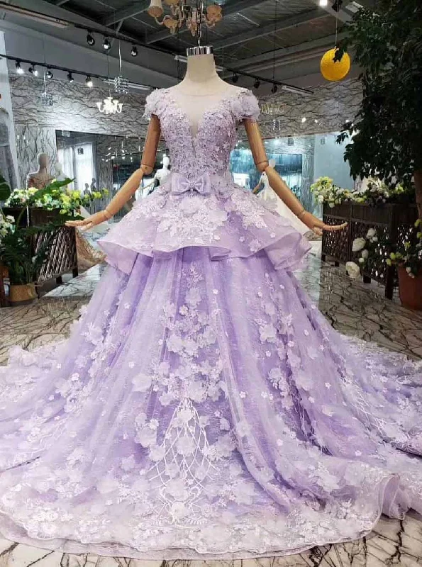 Women's Seasonal Clothes Chic Styles Princess Lilac Beaded Quinceanera Gown 3D Floral Appliques Ball Gown OP722