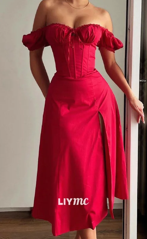 Women's Casual Wear Outfit Great Deals On Ethnic Cultural Wear LP2086 - Off-Shoulder Strapless Sleek Satin Red A-Line Prom Dress