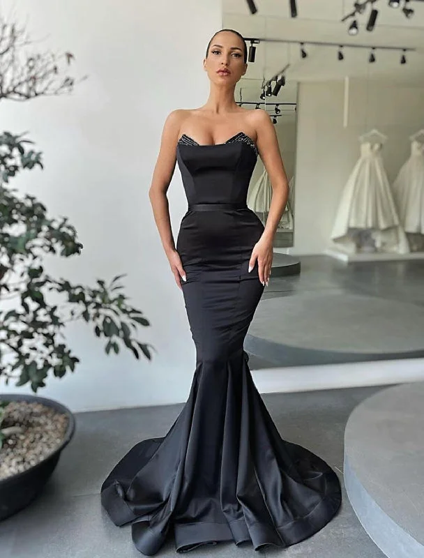 Women's Resort Garments Timeless Elegance Redefined Mermaid / Trumpet Evening Gown Sexy Dress Formal Floor Length Sleeveless Strapless Satin Backless with Beading