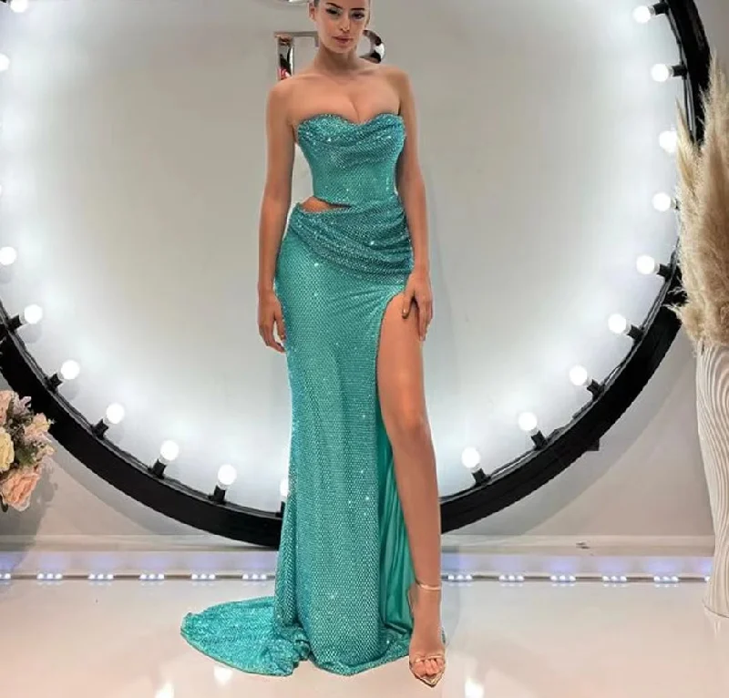 Women's Stylish Professional Garments Clearance Event Stylish Mermaid Occasion Dresses For Women Sequin Slit Pleated Sleeveless Prom Gowns Robes De Soiree