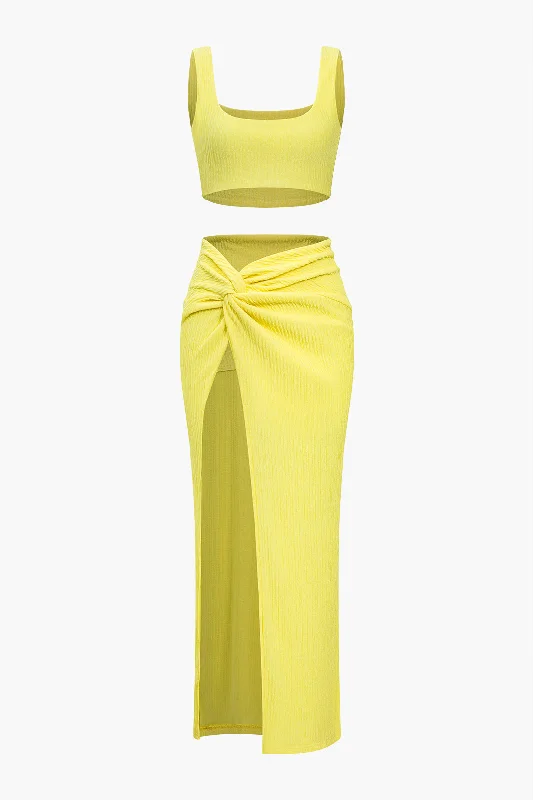 Women's Vintage-Inspired Outfit Bold Fashion Solid Crop Tank Top And Slit Twist Knot Skirt Set