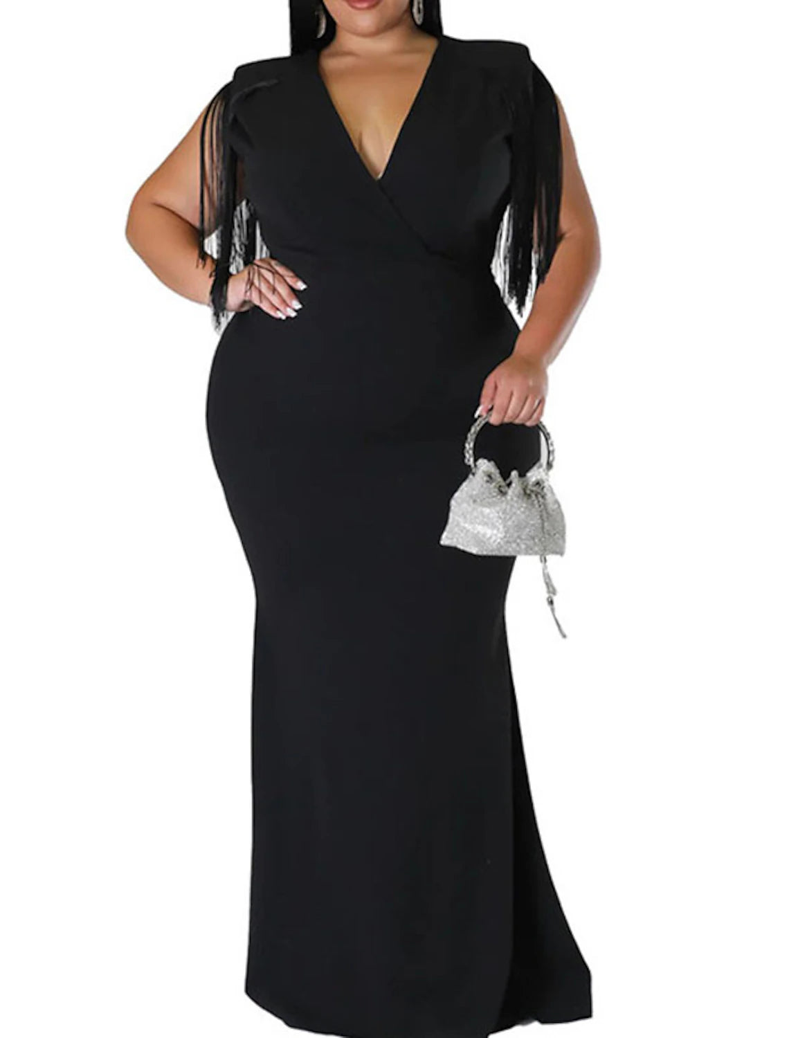 Women's Classic Outfit Chic Trends Unveiled Women's Plus Size Black Sequin Dress Fringe Dress Prom Dress Party Dress Sparkly Dress Solid Color V Neck Tassel Sleeveless Spring Formal Maxi long Dress Date Dress