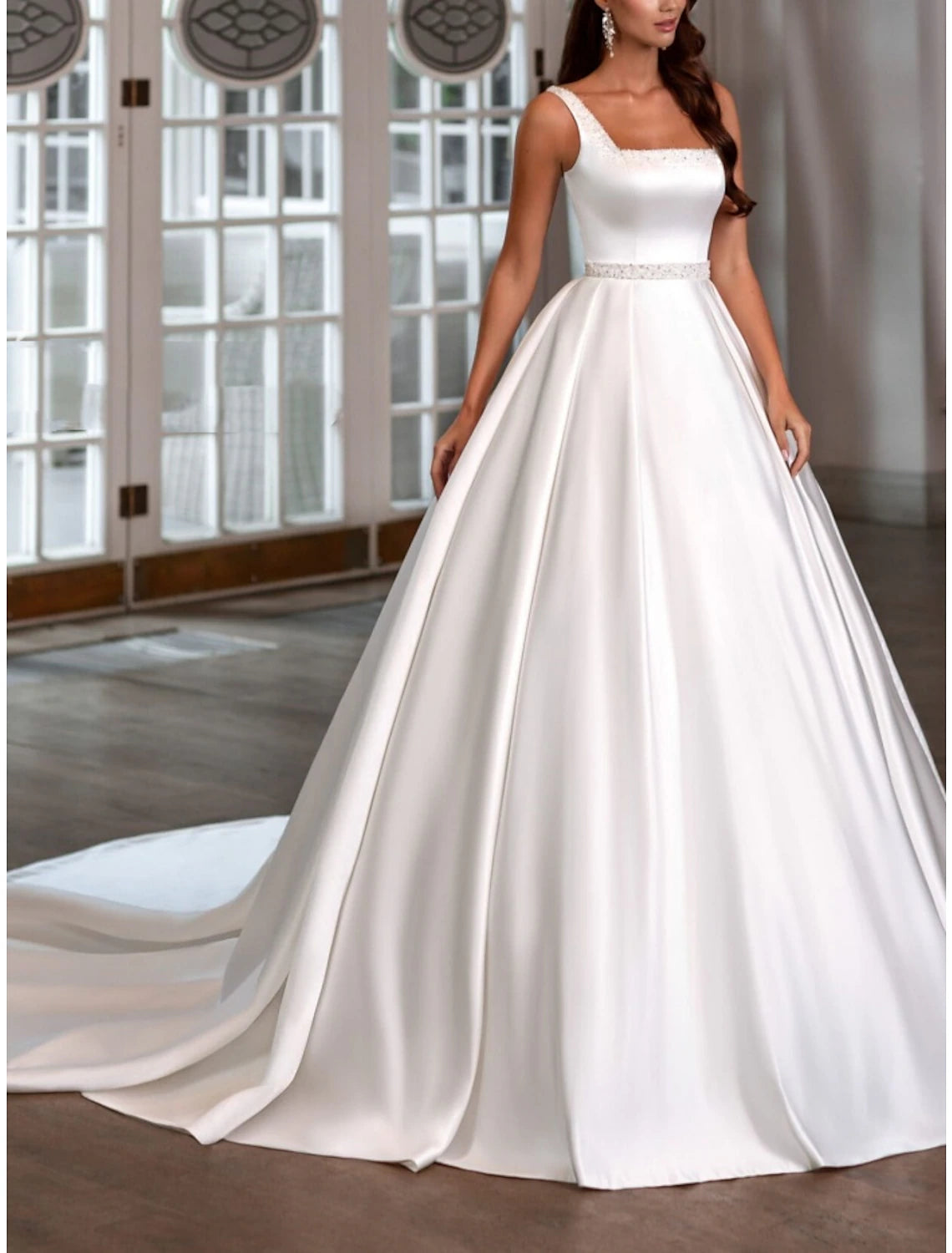 Women's Professional Attire Chic & Cozy Apparel Reception Formal Wedding Dresses A-Line Square Neck Sleeveless Court Train Satin Bridal Gowns With Pleats Beading