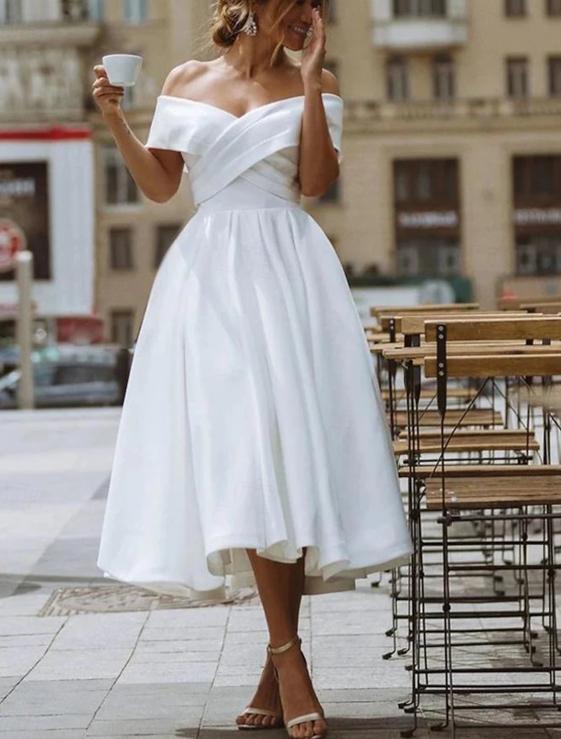 Women's Elegant Formal Outfit Season Sale Simple Wedding Dresses Satin Little White Dresses A-Line Off Shoulder Formal Short Sleeve Tea Length Bridal Gowns With Solid Color