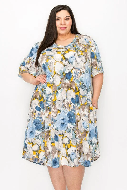 Women's Casual Clothing For Lounging Seasonal Trend Gray Yellow Blue Floral Dress