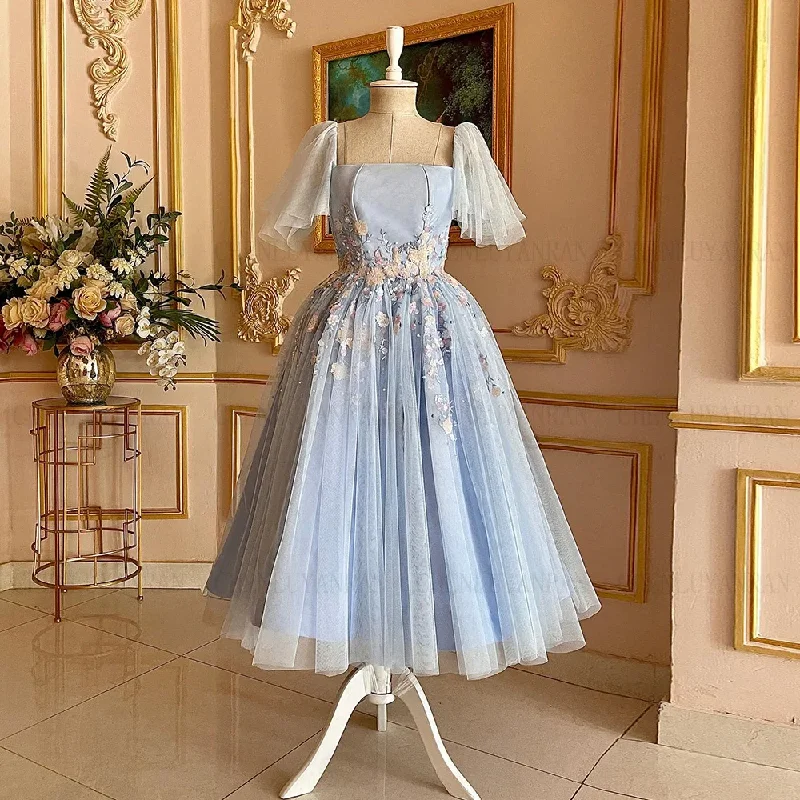 Women's Resort Attire Unleash Your Style Sky Blue A-line Formal Occasion Dresses Applique Elegant Party Dress Tea-Length Lace Up Evening Gowns