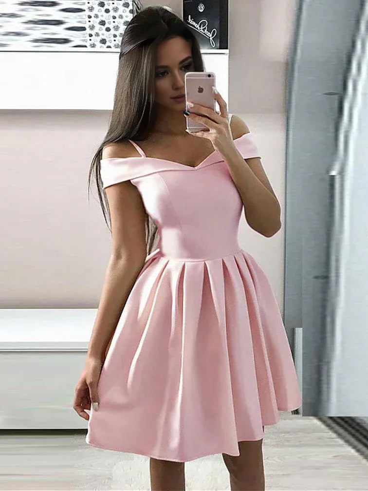 Women's Wardrobe Apparel Pastel Styles Amzcw Simple pink off shoulder satin short prom dress pink homecoming dress formal wear dresses