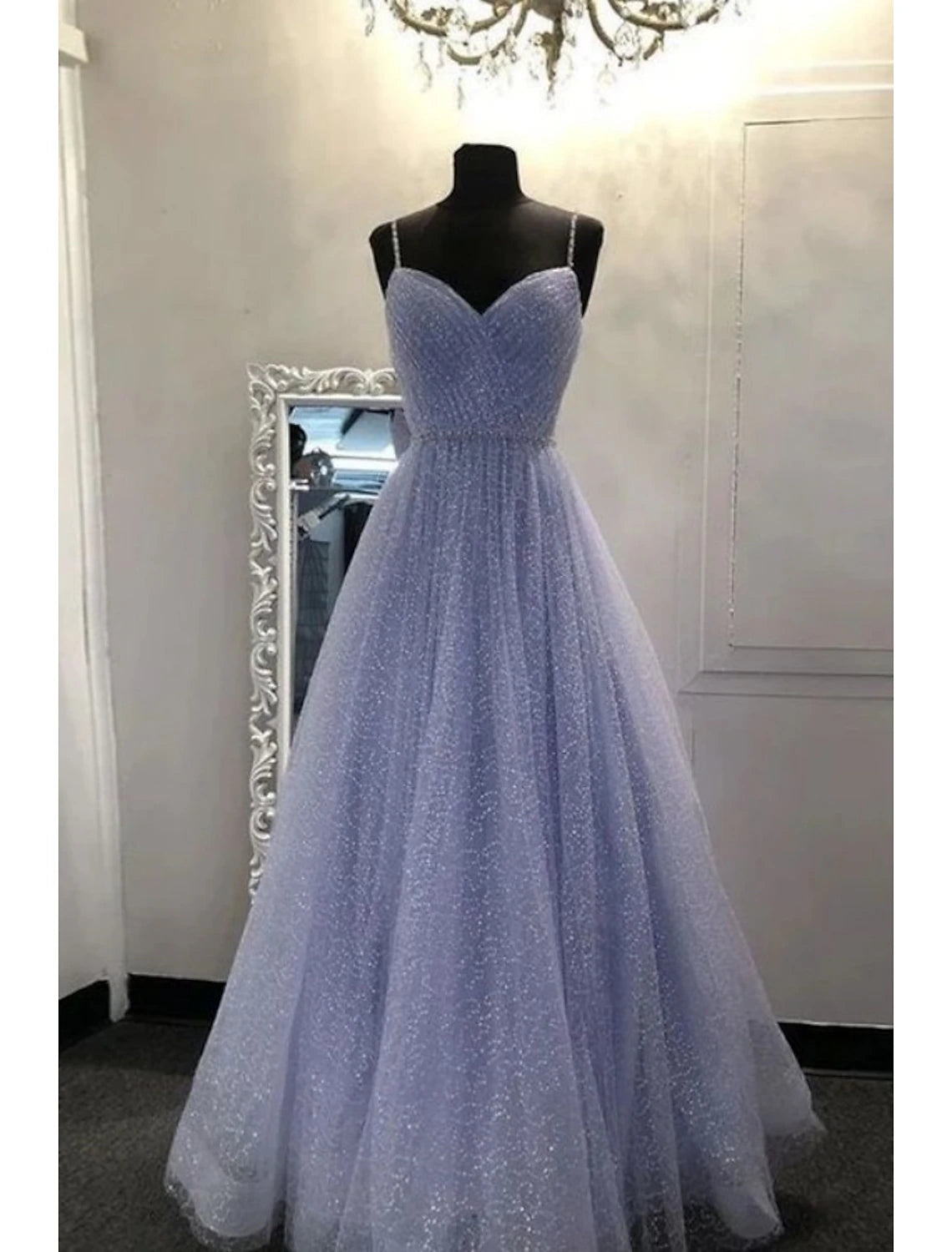 Formal Clothing For Women Additional Time-Limited Offers A-Line Prom Dresses Sparkle & Shine Dress Party Dress Birthday Floor Length Sleeveless Spaghetti Strap Tulle with Glitter Crystals