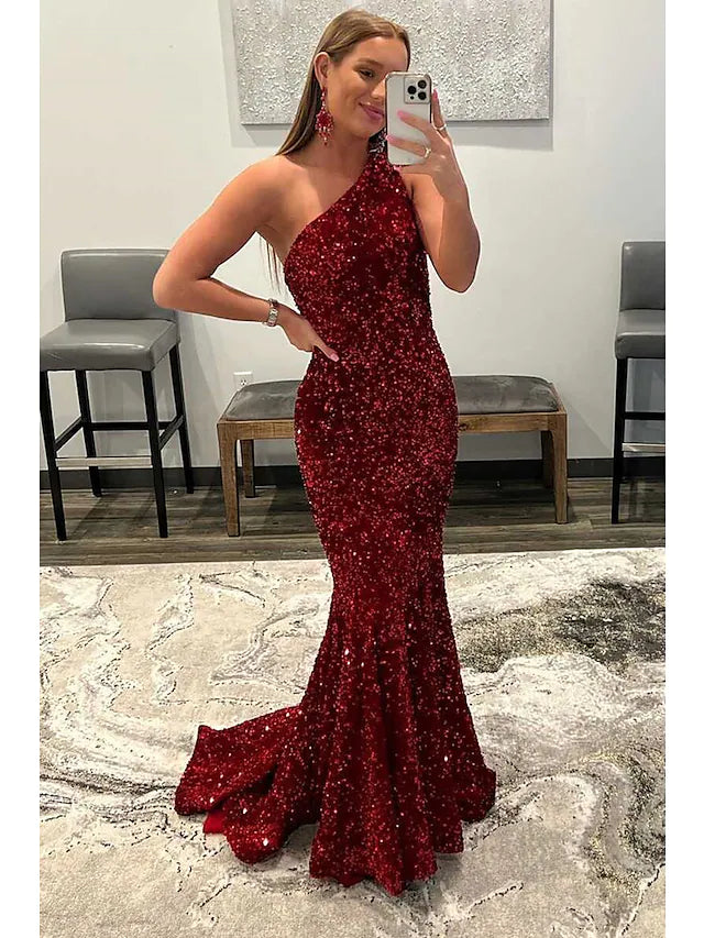 Women's Occasion Wear Apparel Luxury Style Prom Dresses Sexy Dress Formal Floor Length Sleeveless One Shoulder Sequined Backless with Sequin