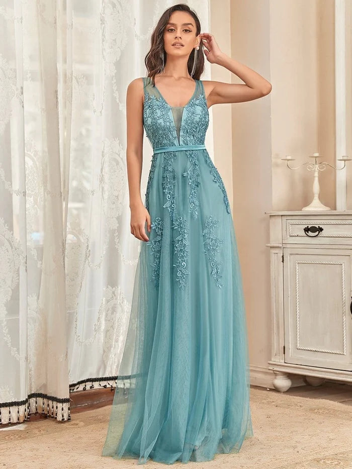 Women's Workout Clothing Limited Stock, Big Sale Elegant Sleeveless Applique Flowy Tulle Evening Dress