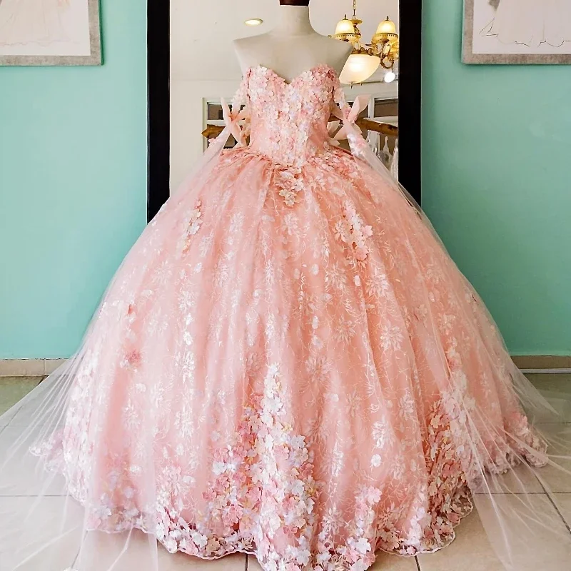 Women's Everyday Clothes Inspired By You, Designed For You Pink Shiny Off The Shoulder Quinceanera Dress Ball Gown Lace Applique Beaded With Cape Corset Sweet 16 Vestido De 15 Anos