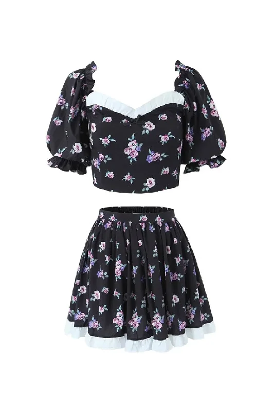 Women's Travel Outfit Set Discover Now French Floral Ruffled Smock Crop Top High Waist Mini Two Piece Dress