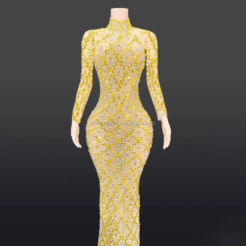 Affordable Women's Outfit Stupidly Low Prices Novance  Y2520 2023 New Design Yellow Bright Diamond Sequins Fishnet Ladies Ball Gowns Dresses For Women For Party