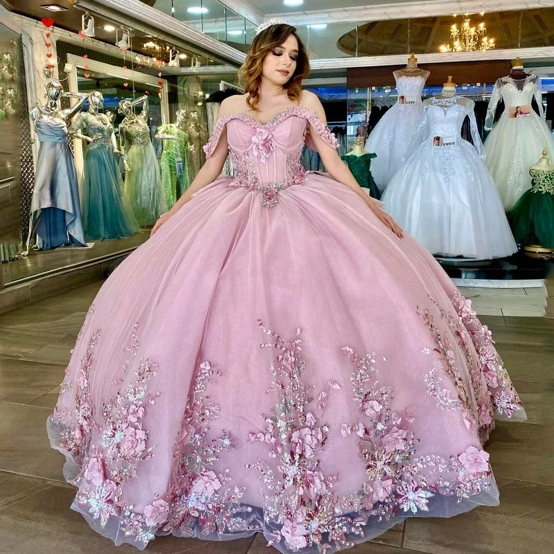 Classic Clothes For Women Find Your Unique Flair Pink Shiny Ball Gown Off the Shoulder Quinceanera Dresses 3D Flowers Appliques Lace Beads Tull Corset Vestidos De 15 Años