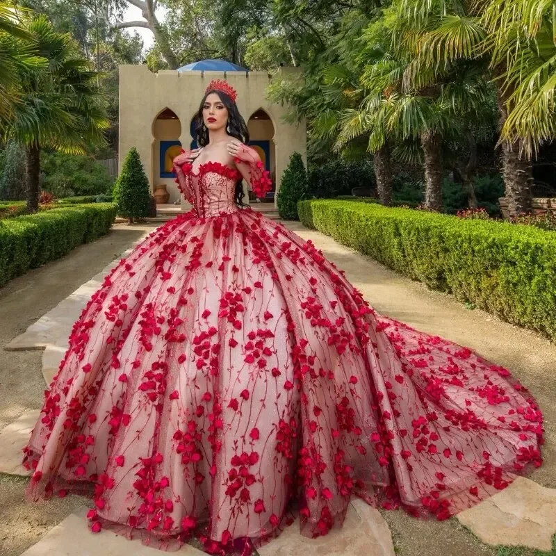 Women's Clothing For Outdoor Events Season Offer Red Shiny Ball Gown Quinceanera Dress Tulle Appliques Flowers Lace Off Shoulder Sweet 16 Birthday Party Formal vestidos de 15