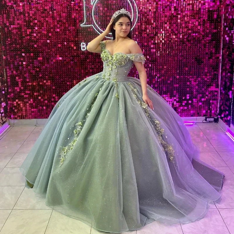 Women's Luxury Garments Quality Driven Apparel Sparkly Green Off The Shoulder Quinceanera Dresses Applique Lace Beads Tull Ball Gown Princess Dress vestidos 15 de quinceañera