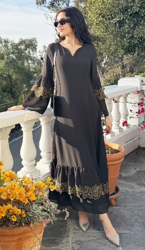 Women's Trendy Attire All Season Basics Discount Mahin Embroidered Chiffon Modest Long Maxi Dress - Black/Gold - PREORDER (ships in 2 weeks)