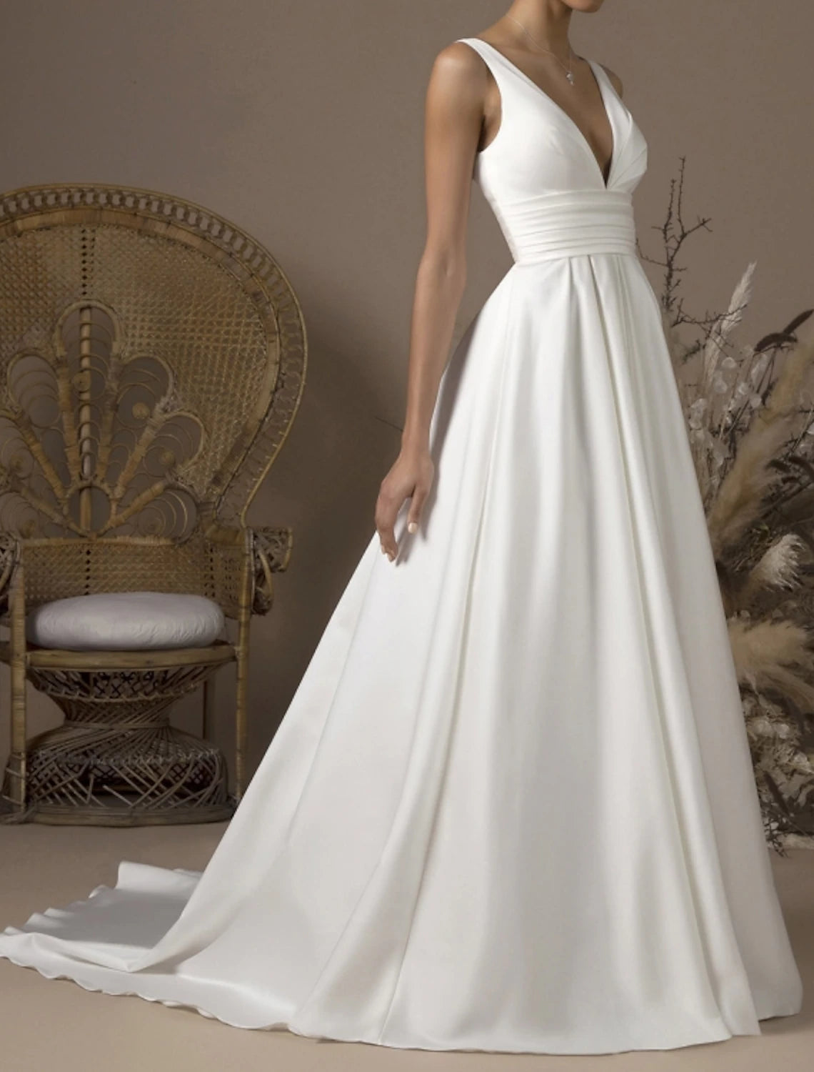 Women's Cozy Outfit For Lounging Unbeatable Prices Hall Simple Wedding Dresses A-Line V Neck Sleeveless Sweep / Brush Train Satin Bridal Gowns With Pleats