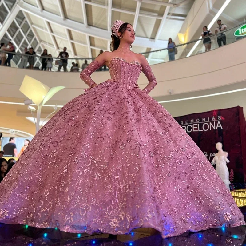 Chic Clothing For Women Vintage Inspired Fashion Sale Pink Sweetheart Quinceanera Dresses Ball Gown Off The Shoulder Tulle Lace Beads Crystal Puffy Mexican Sweet 16 Dresses 15 Anos