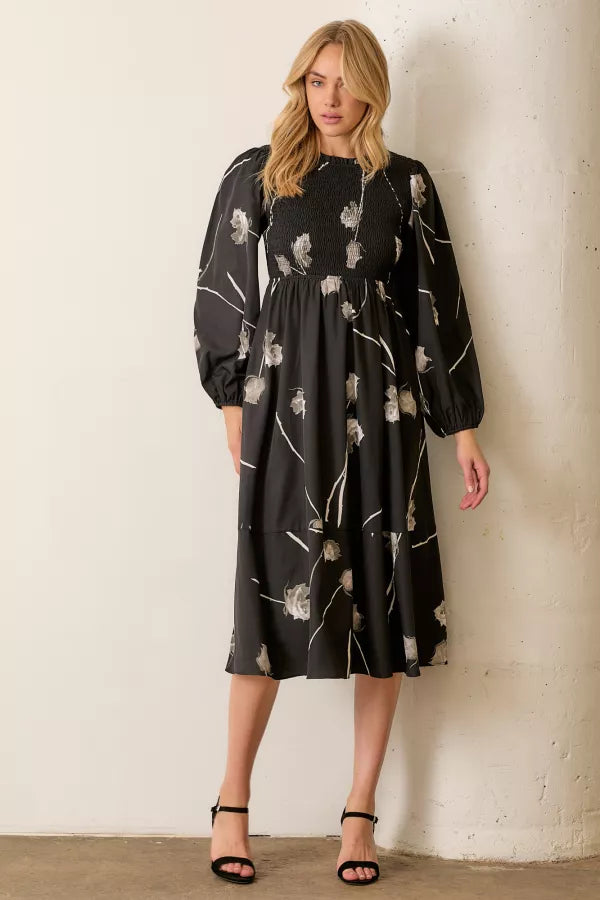 Women's Professional Attire Limited Time Offer The Bree Floral Smocked Midi Dress in Black