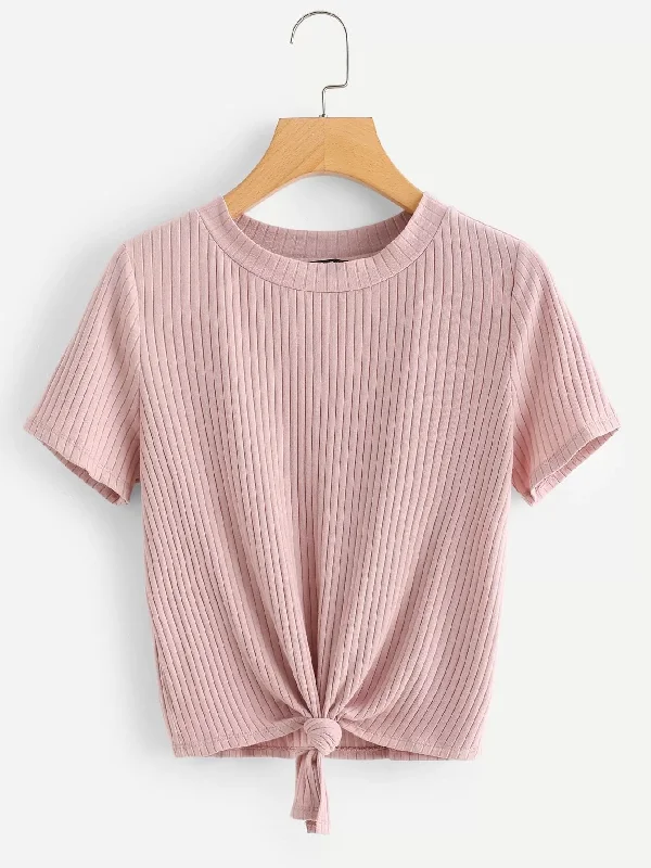 Vintage-Inspired Women's Clothes New Styles Just In Plus Knot Front Rib-knit T-shirt