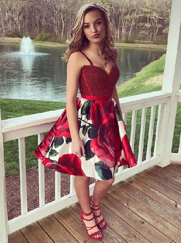 Women's Holiday Clothes Clearance Event Beading Bodice Spaghetti Short Prom Dress With Floral Print Skirt Homecoming Dress OM254