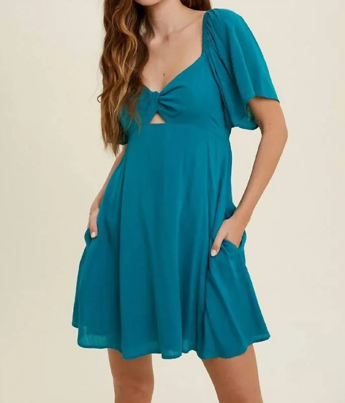 Women's Relaxed Clothes Elevate Your Wardrobe Mini Dress W/ Twisted Bodice In Teal