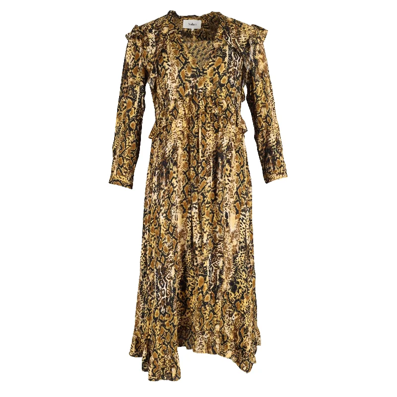 Women's Sports Apparel Shop Sales Ba&Sh Snake Print Ruffled Midi Dress in Yellow Viscose