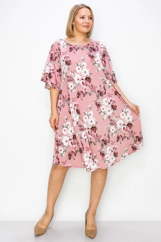 Women's Sporty Chic Clothes Wardrobe Upgrade Pink Cherry Blossom Floral Dress w Double Layer Butterfly Sleeves & Pockets