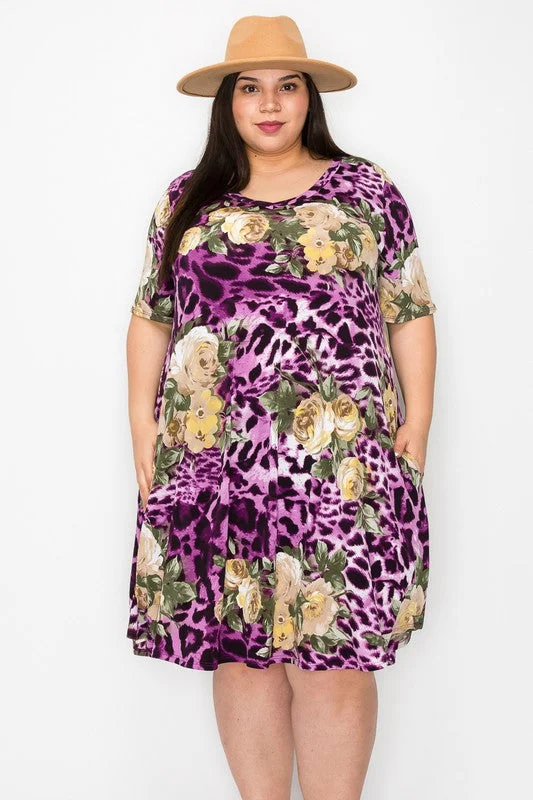 Sustainable Women's Clothes Fashion Forward Purple Floral Leopard Print Dress w Pockets