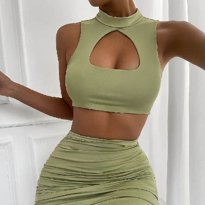 Women's Weekend Outfit Evening Elegance Mock Neck Cutout Tank Crop Top & Skirt Set