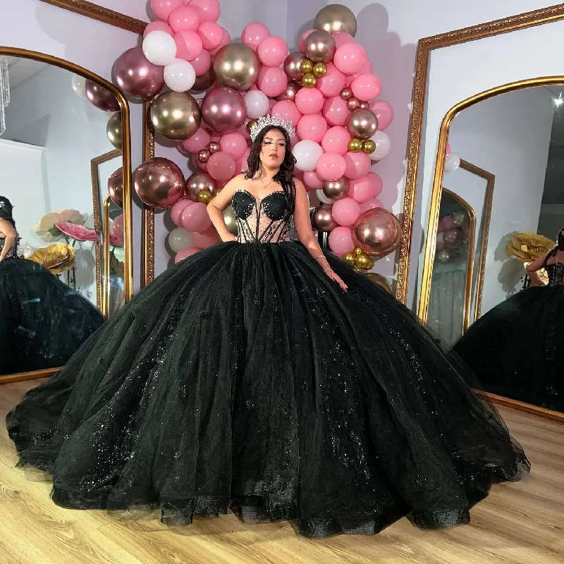 Women's Trendy Garments Versatile Wardrobe Essentials Sparkly Black Quincenara Dresses Sweetheart Appliqued Beads Sweet 16 Prom Gowns Pageant Dress