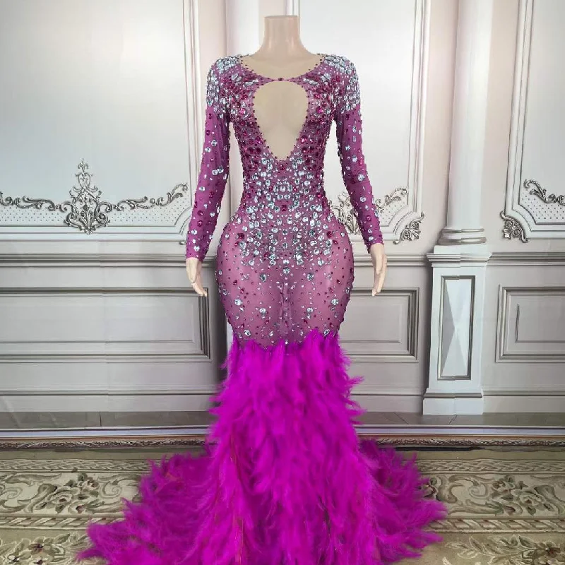 Women's Elegant Formal Outfit Elegant Simplicity Wardrobe Latest Design Silver Crystal Purple Diamond Party Dress Purple Feather Maxi Standard Prom Dresses 2023 Evening Gowns Sexy