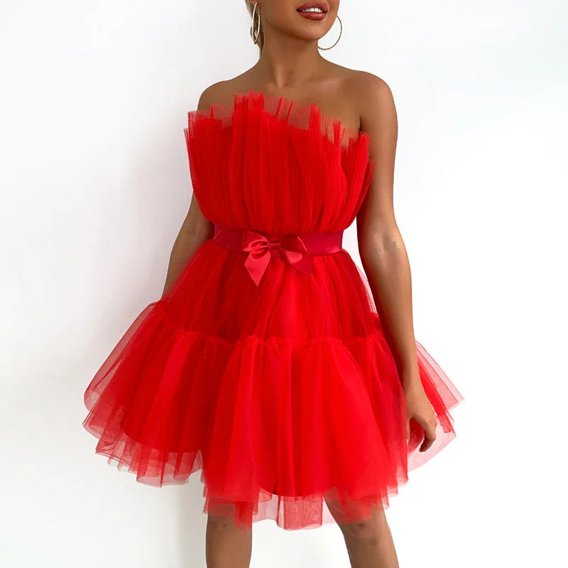 Casual Chic Clothing For Women Massive Savings 2022 Off Shoulder Ruffle Tulle Tutu Short Prom Gown With Bow Women Mini Dress