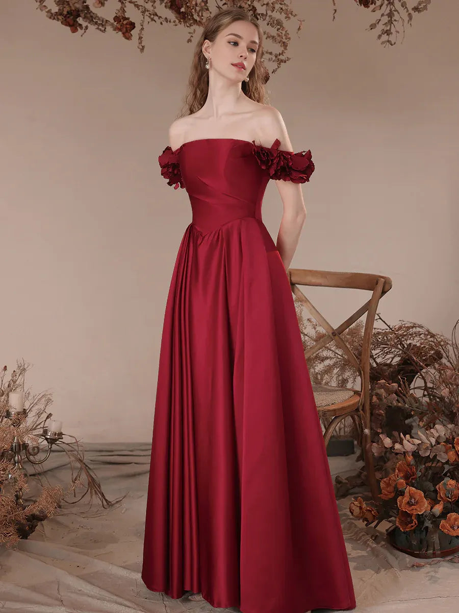 Women's Holiday Clothing Contemporary Elegance Amzcw Burgundy A-Line Off Shoulder Satin Long Prom Dress Burgundy Formal Evening Dress prom dress in store