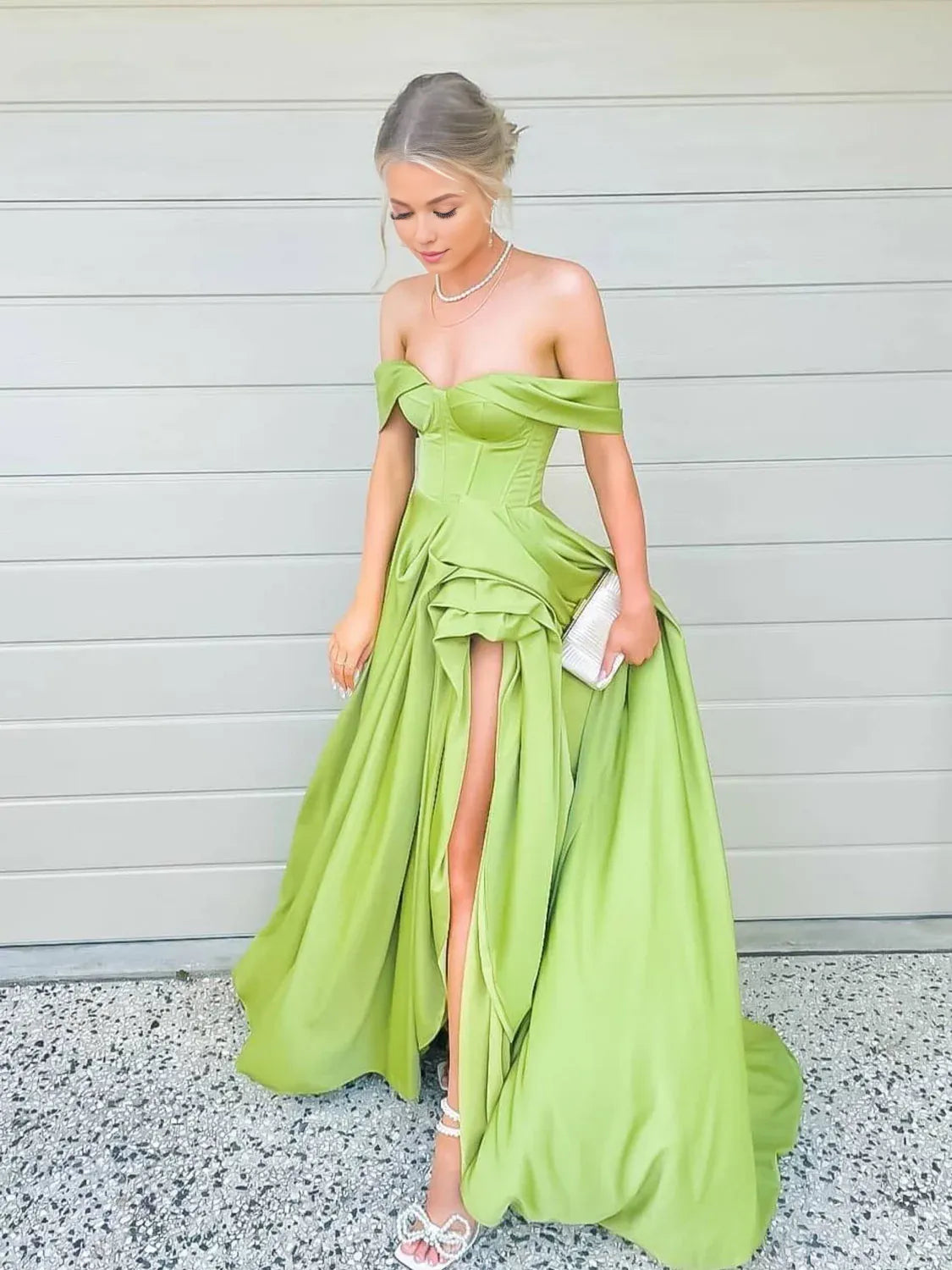 Casual Clothes For Women Evening Elegance Amzcw Simple green off shoulder satin long prom dress green evening dress formal wear dresses ﻿