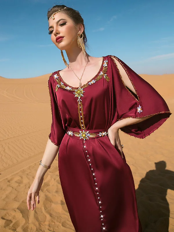 Women's Activewear Apparel Vintage Style Clothing Sale Glittering Rhinestoned Ramadan Abayas - Crew Neck Belted Maxi Dress with Split Cut Out Flare Sleeves - Perfect for Elegant Party Wear