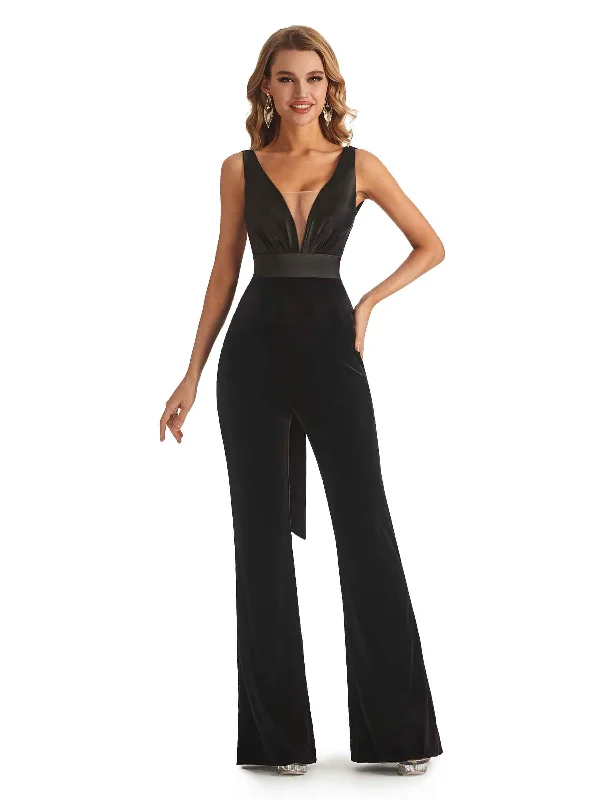 Timeless Women's Clothing Quick Grab Deals Unique V-neck Open Back Velvet Long Jumpsuit For Wedding Guest