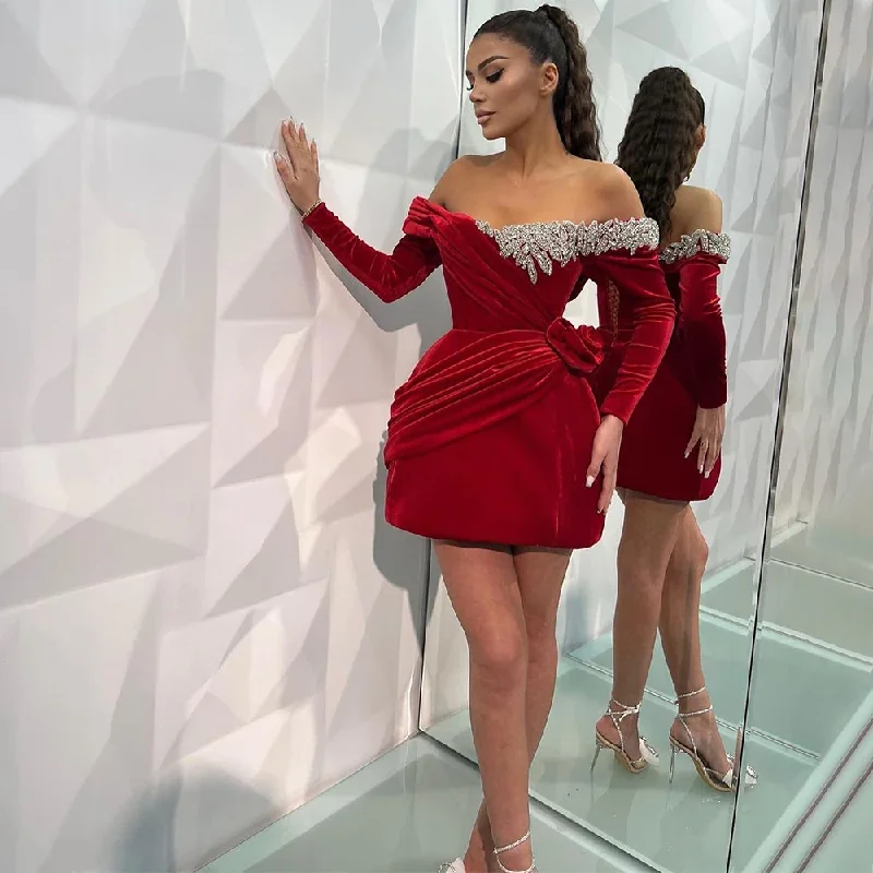 Women's Outfit Hot Brand Discounts Red Velvet Cocktail Dress Mini Off the Shoulder Long Sleeves Gown Short Sparkle Crystal A Line Sexy Birthday Party