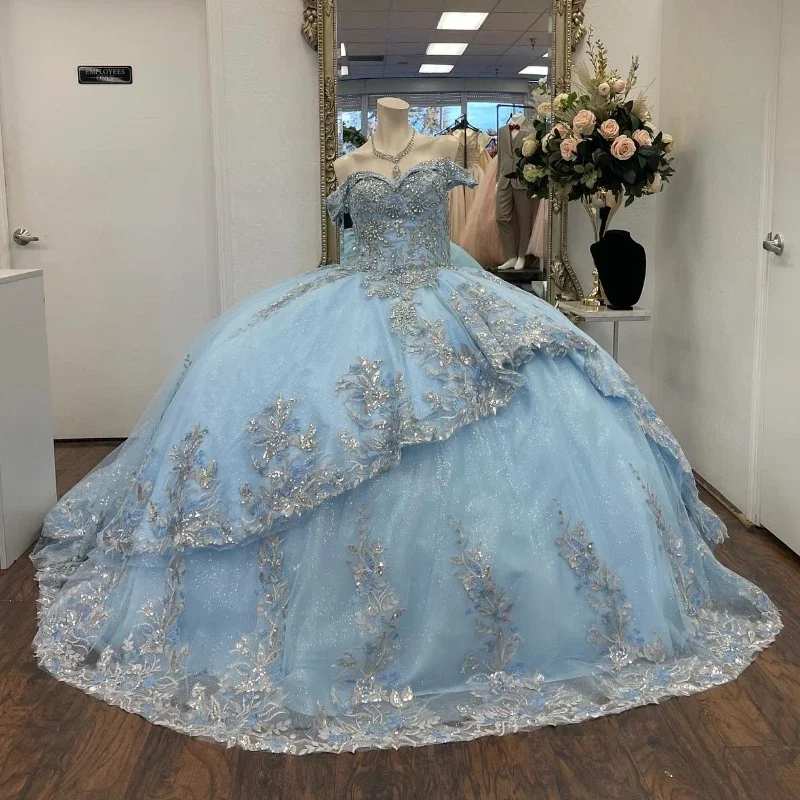 Women's Fashionable Attire For Work Stylish Statements Sky Blue Shiny Quinceanera Dress Princess Off the Shoulder Prom Gown Tulle Appliques Lace Beads Sweet16 Dress Vestidos De 15Anos