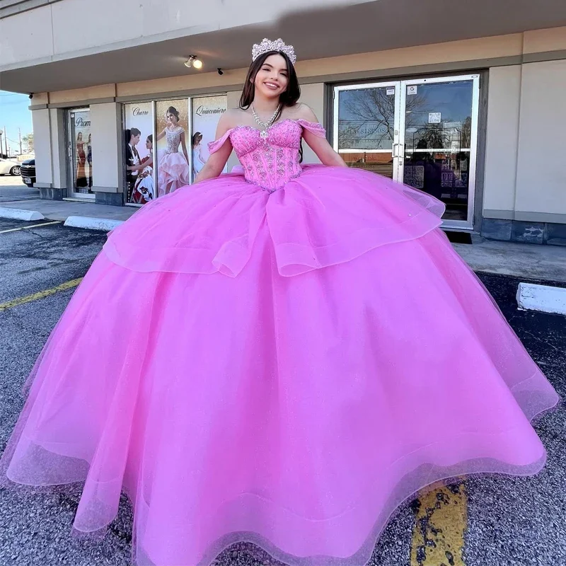 Sustainable Women's Clothes Designer Wear On Sale Pink Quinceanera Dresses Ball Gown Sexy Off the Shoulder Beads Crystal Tull Back Bow Long Party Dress for Girl