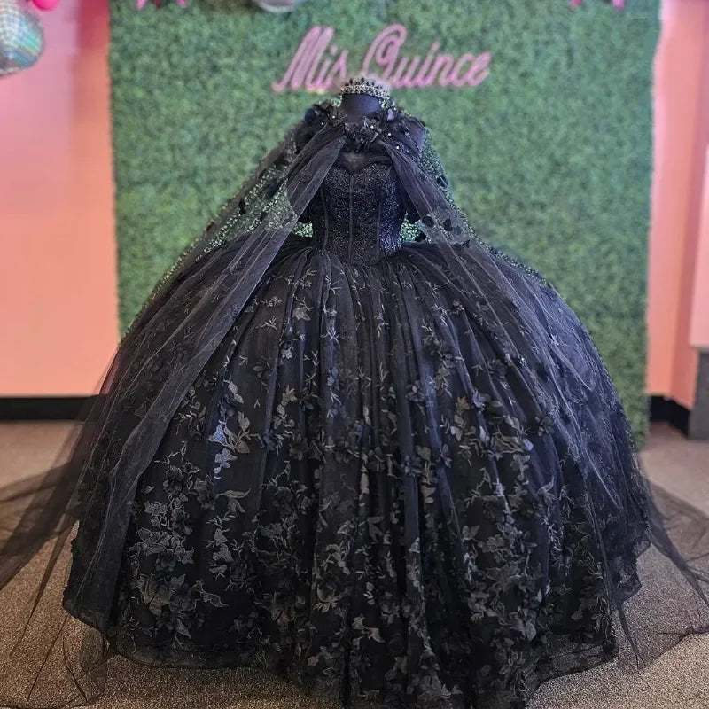 Women's Casual Apparel Exclusive Sale Vintage Black Off The Shoulder Mexican Ball Gown Beaded Lace Appliques Birthday Quinceanera Gowns Sweet 16 Dress Customized