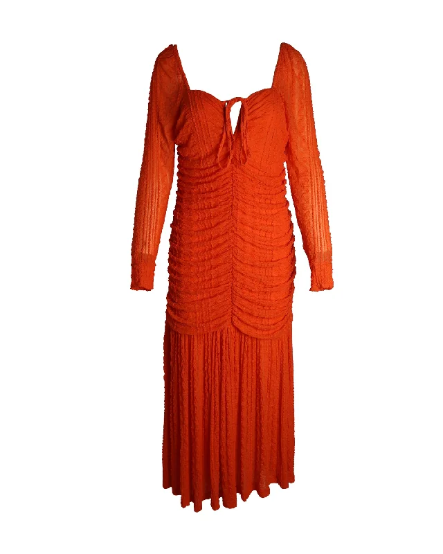 Women's Professional Apparel Style Without Limits Ganni Textured Ruched Jersey Midi Dress in Orange Polyamide