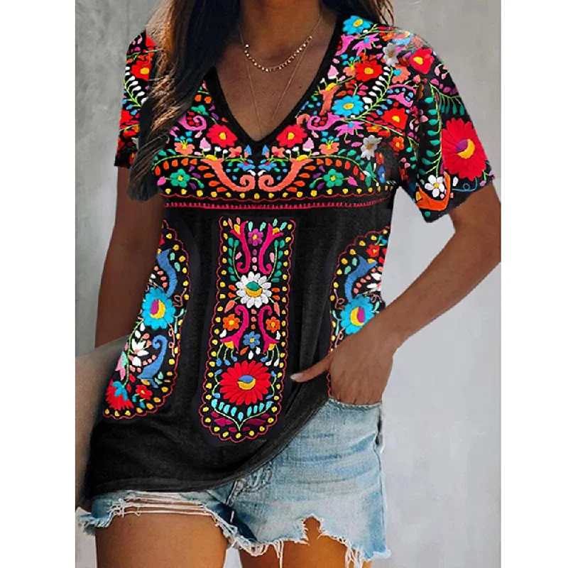 Women's Vacation Clothes Season Transition Versatile Wear Clearance JuliaFashion - 2024 Sexy Boho V-Neck Patchwork Casual Ethnic Style Printed T-Shirt