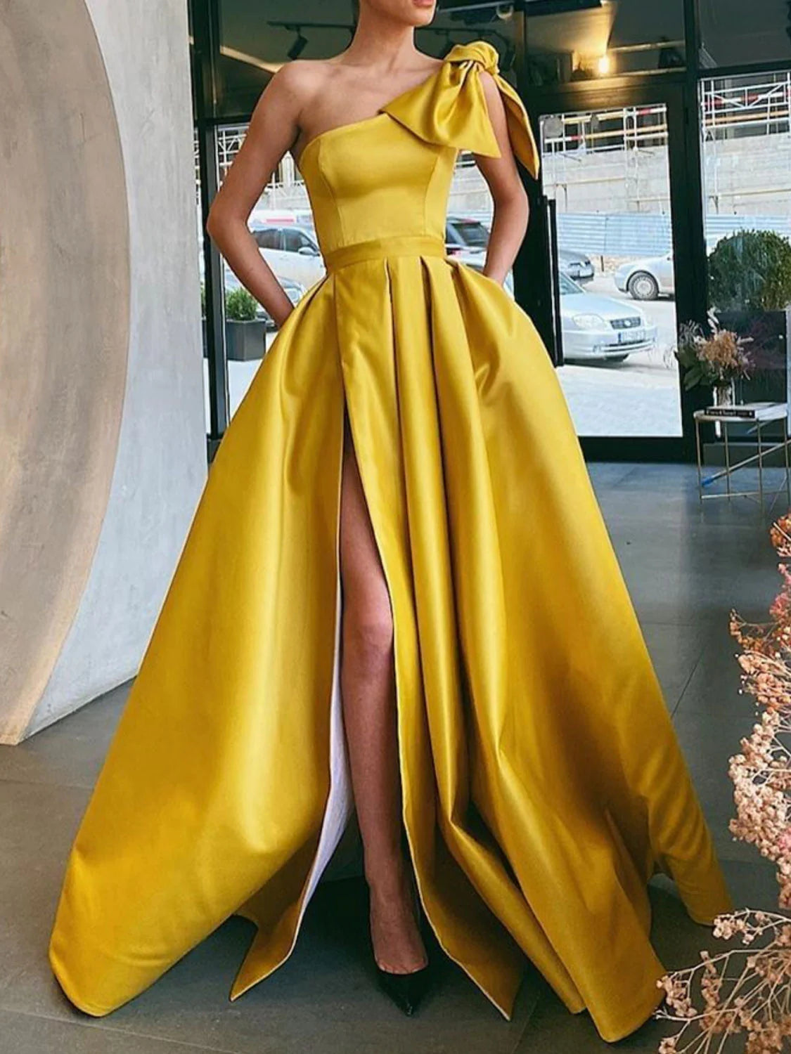 Modern Women's Clothes Women’S Urban Fashion Amzcw Simple yellow satin ball dress yellow evening dress formal wear dresses