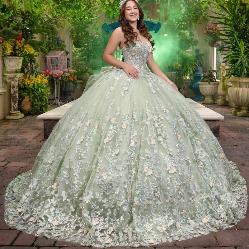 Women's Layered Outfit Embrace New Fashion Sage Green Shiny Tulle Quinceanera Dresses Sweetheart Beads Applique Lace Ball Gown Sweet Sixteen Dress Gowns vestidos