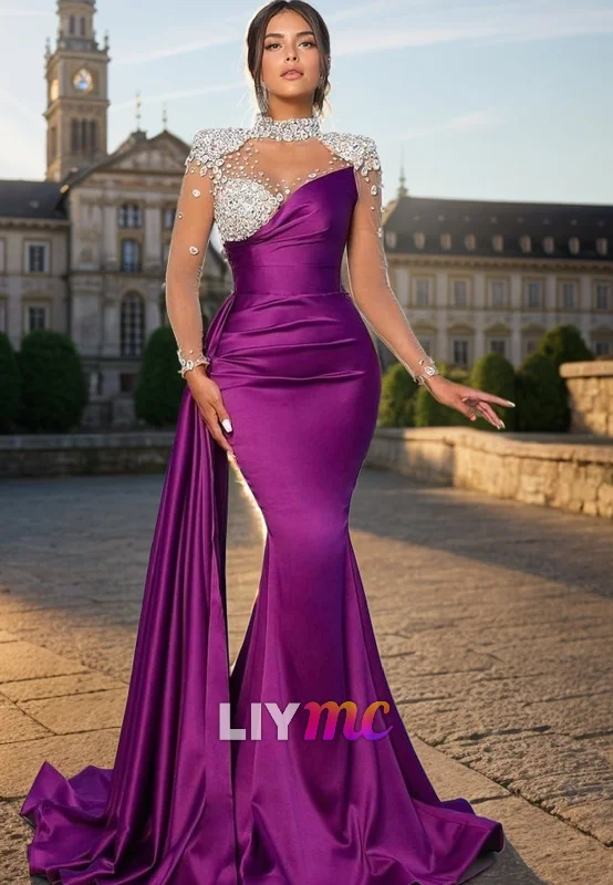 Women's Trendy Clothing Soft Textures LP2315 - Halter Sheer Sleeves Beaded Sleek Satin Mermaid Prom Dress